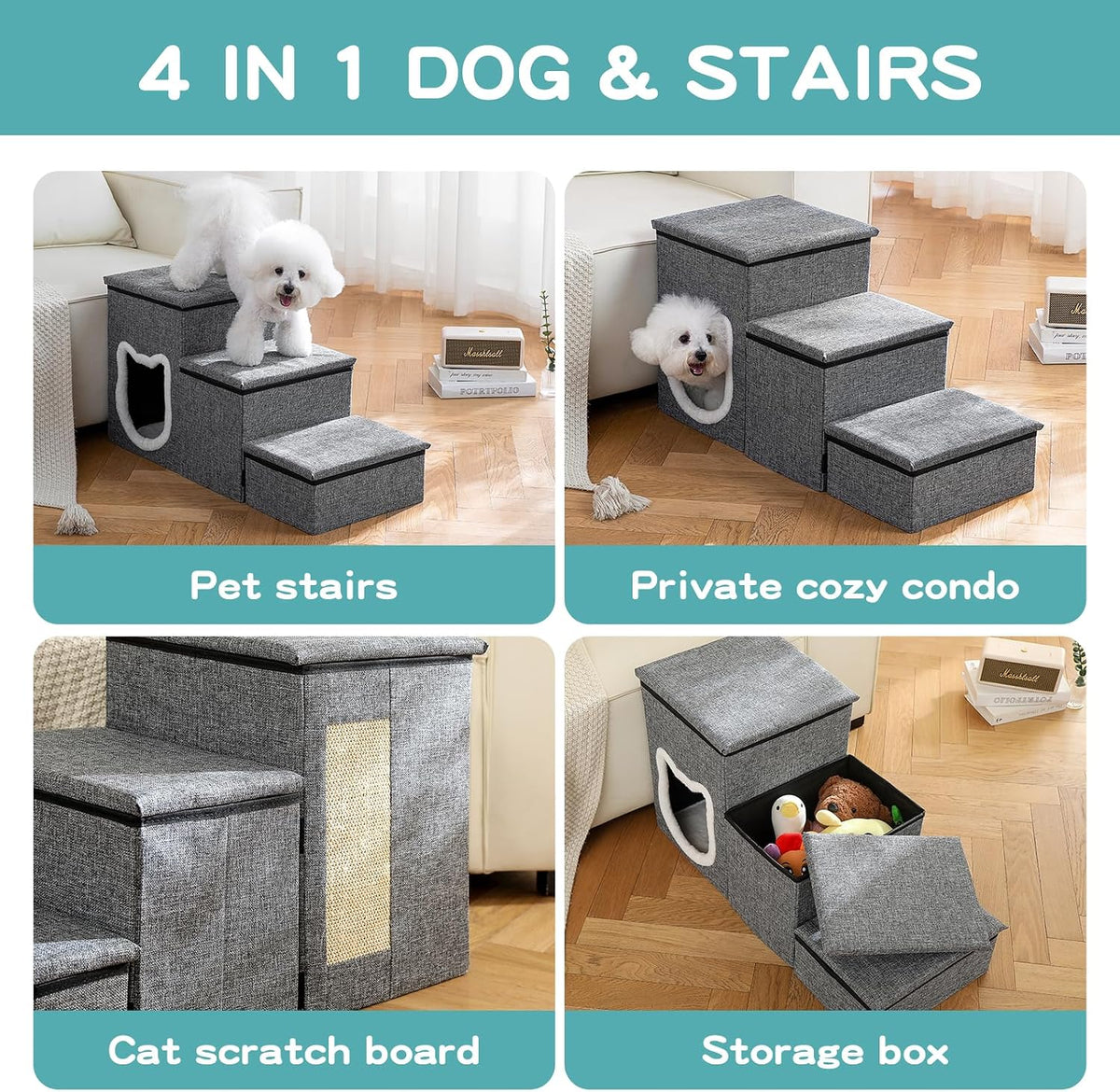 Pet Stairs Foldable With Plush Condo & Storage
