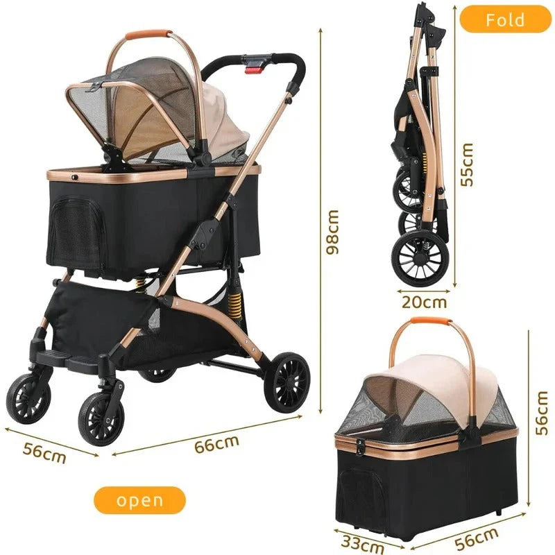 Pet Stroller One-Hand Foldable Detachable Carrier 88 lb Capacity