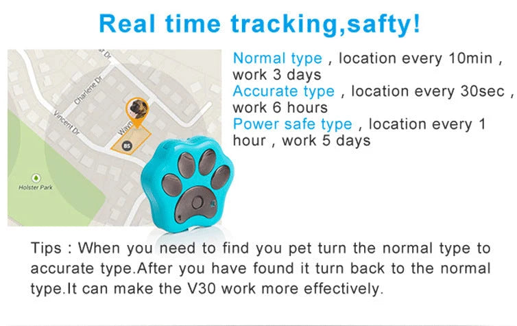 Pet Tracker GPS 33-Foot Accuracy 800-Hour Battery