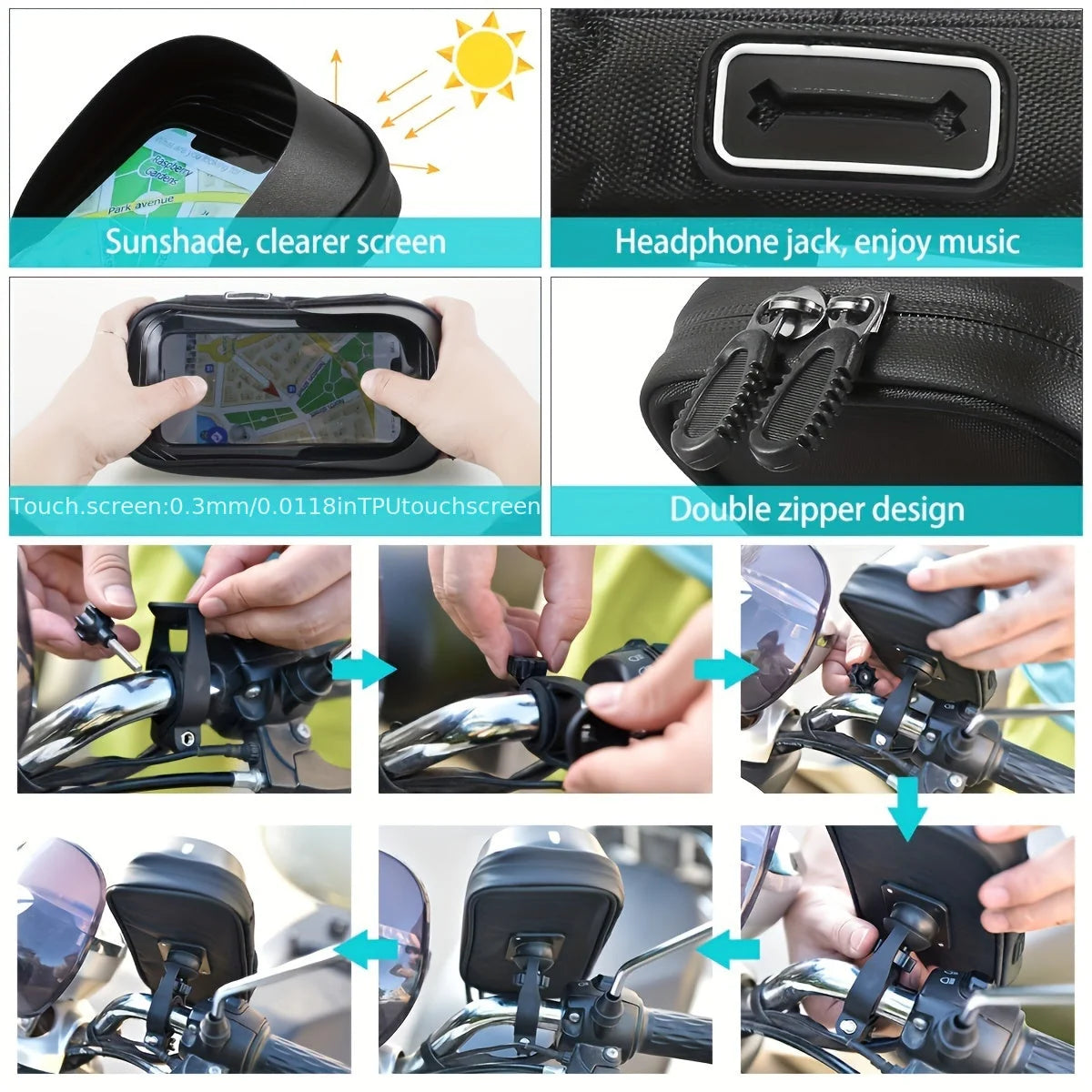 Phone Holder Handlebar Mount Waterproof 360-Degree Fits 4.5-6.4 Inch