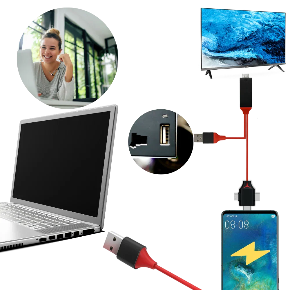 Phone-To-TV HDMI Adapter Lightning USB-C Micro With Power Cable
