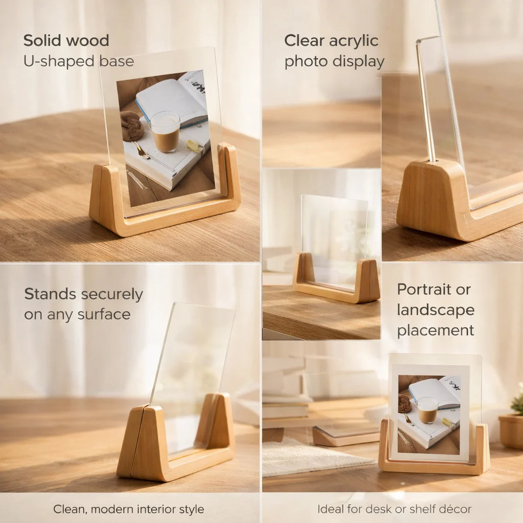 Photo Holder Acrylic Vertical & Horizontal Solid Wood Base