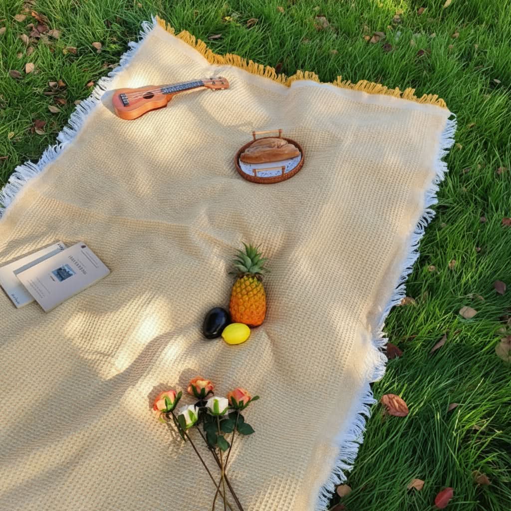 Picnic Blanket Woven Checkered & Tassel Trim Foldable Polyester