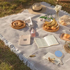 Picnic Blanket Woven Checkered & Tassel Trim Foldable Polyester