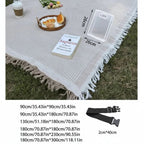 Picnic Blanket Woven Checkered & Tassel Trim Foldable Polyester