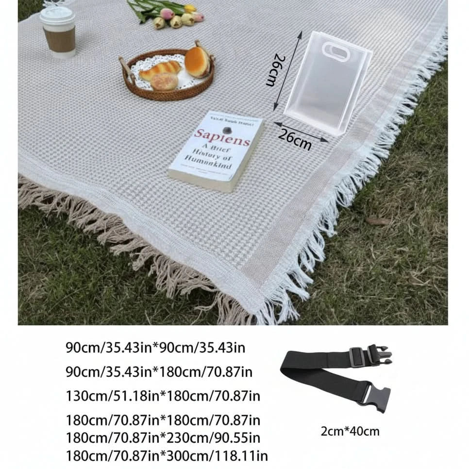 Picnic Blanket Woven Checkered & Tassel Trim Foldable Polyester