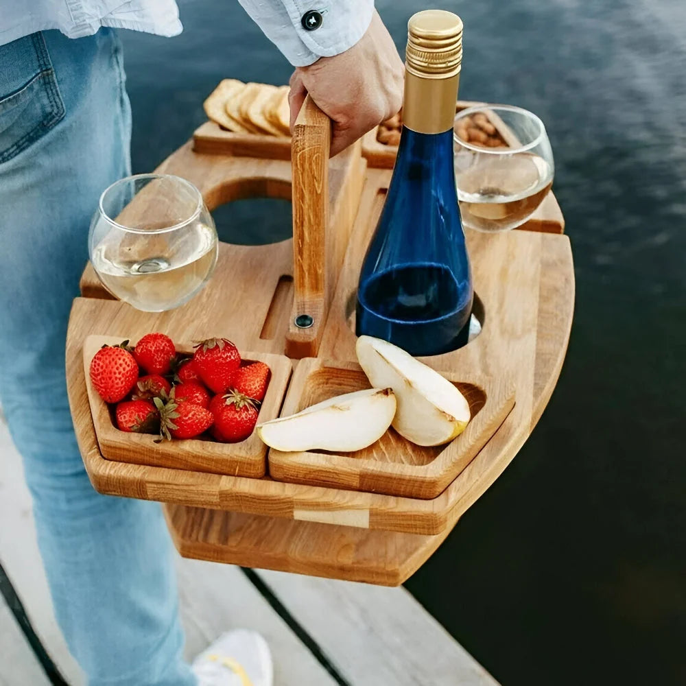Picnic Table Foldable Wooden Wine & Glass Holders