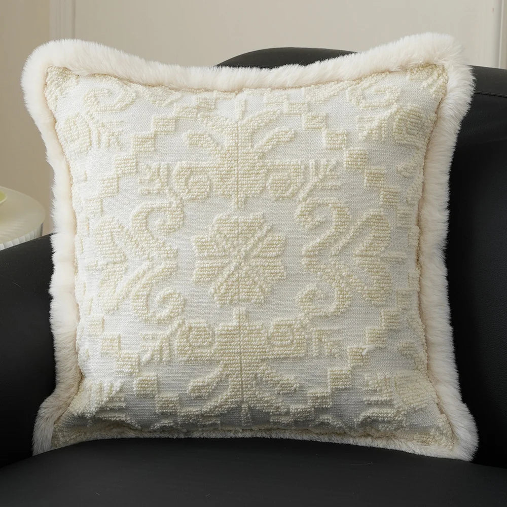 Pillow Cover 18x18in Embossed Circular Relief Faux Fur Trim