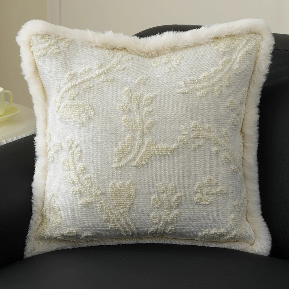 Pillow Cover 18x18in Embossed Circular Relief Faux Fur Trim