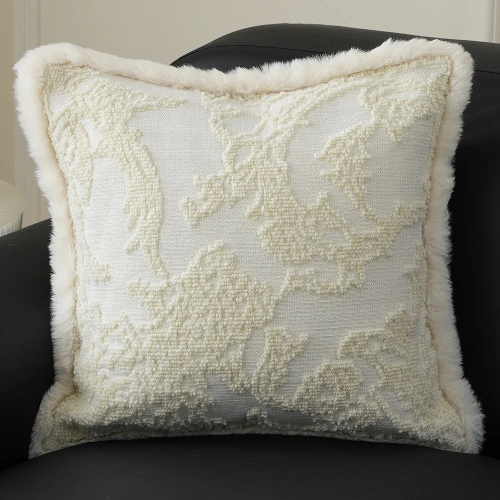 Pillow Cover 18x18in Embossed Circular Relief Faux Fur Trim