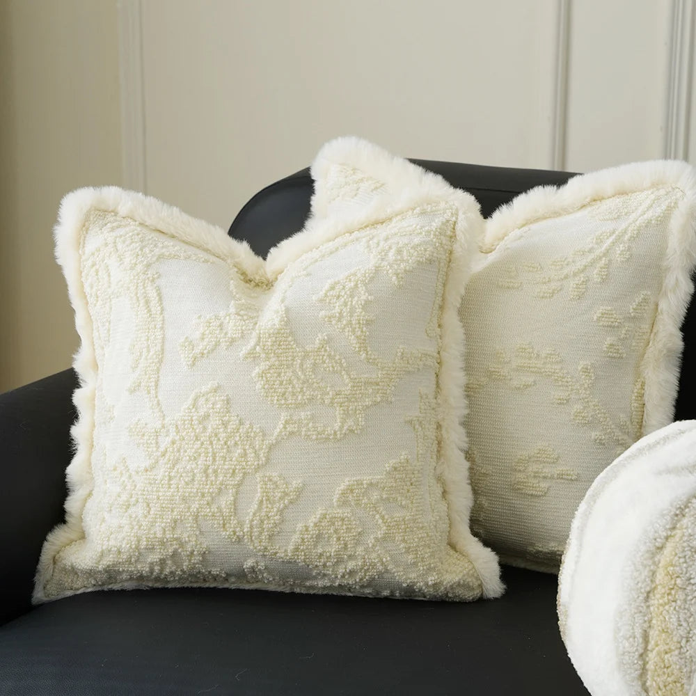 Pillow Cover 18x18in Embossed Circular Relief Faux Fur Trim