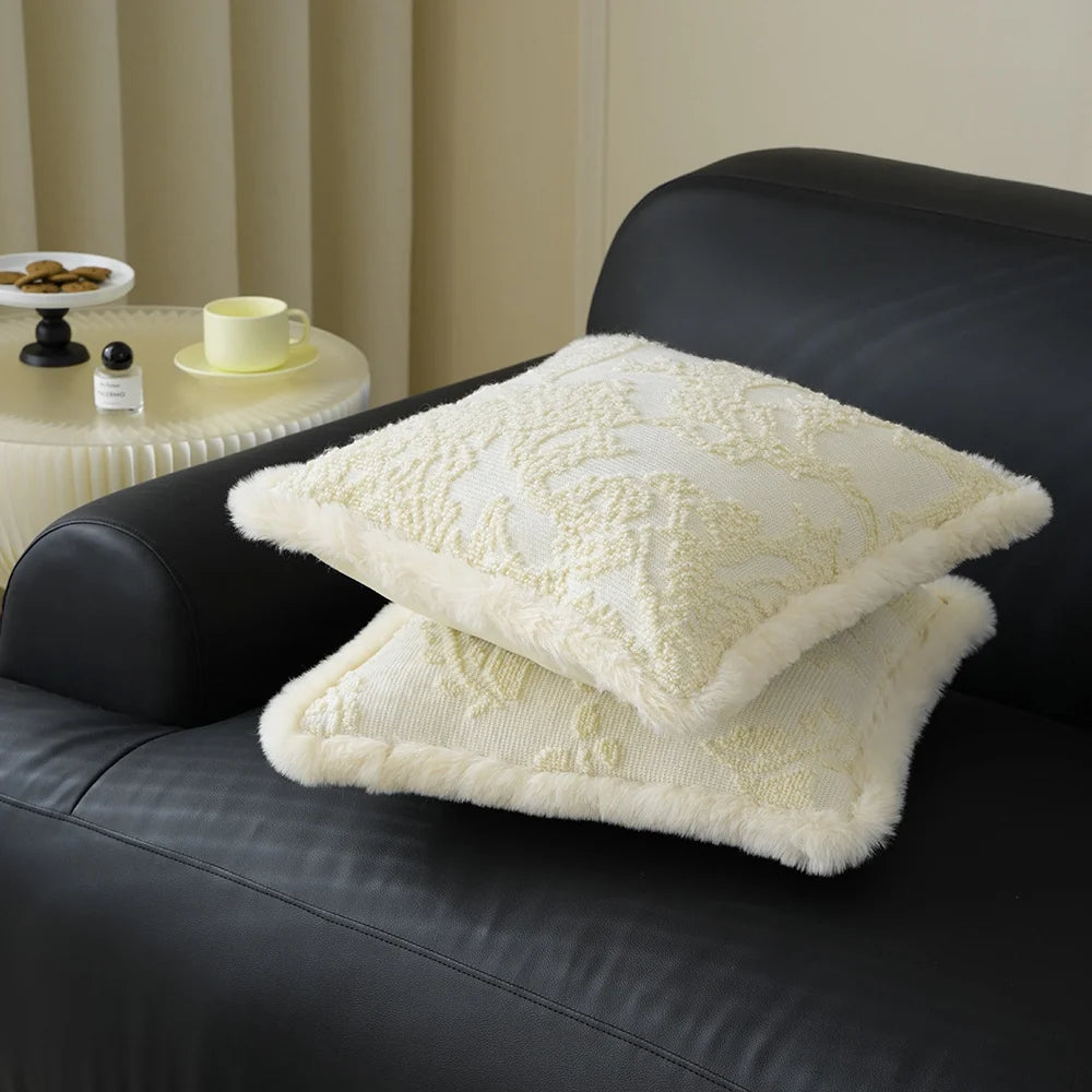 Pillow Cover 18x18in Embossed Circular Relief Faux Fur Trim