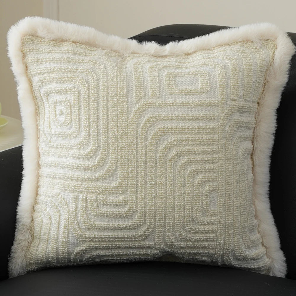 Pillow Cover 18x18in Embossed Circular Relief Faux Fur Trim