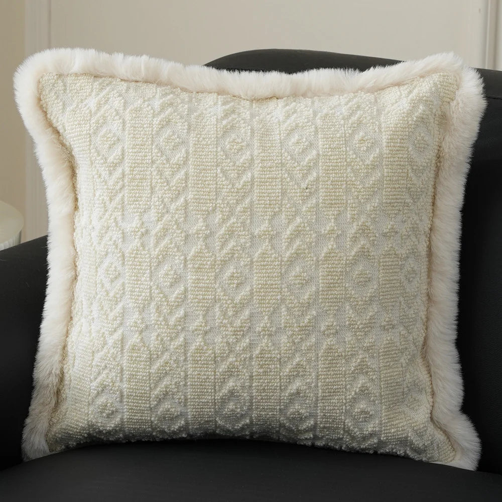 Pillow Cover 18x18in Embossed Circular Relief Faux Fur Trim
