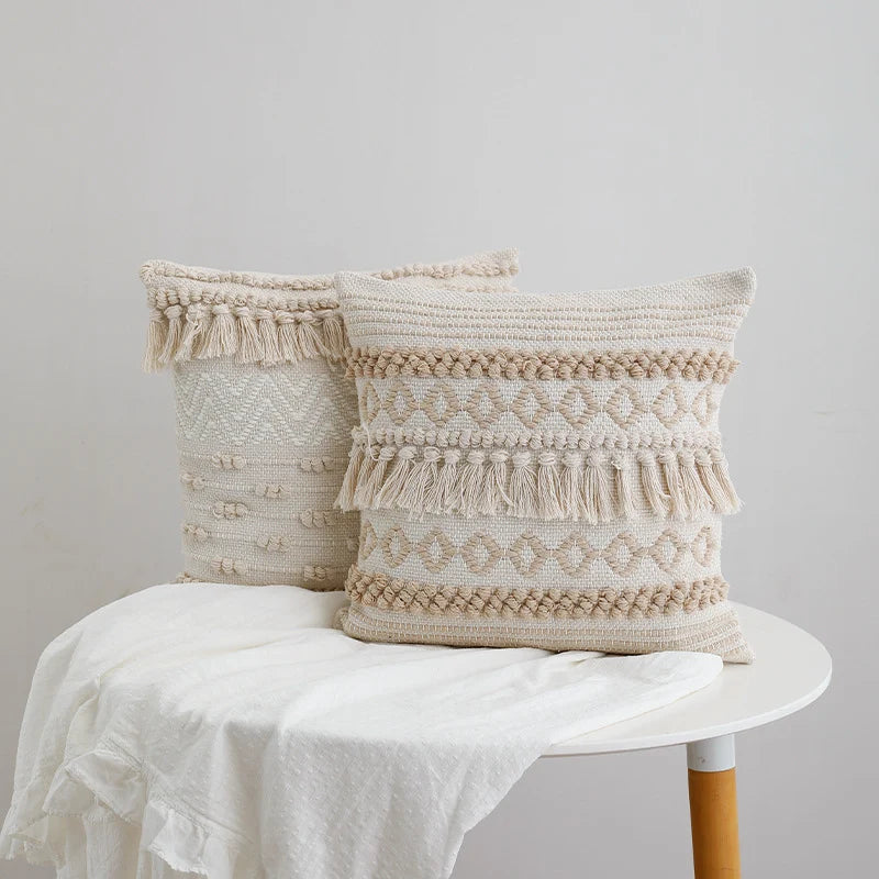 Pillow Cover Boho Woven Cotton Blend Hand-Knotted Fringe