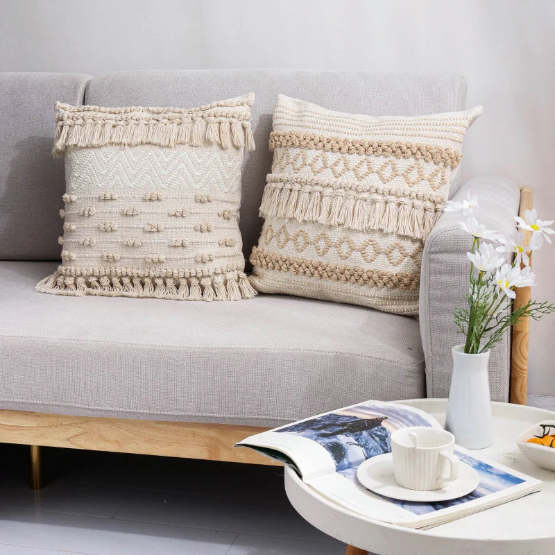 Pillow Cover Boho Woven Cotton Blend Hand-Knotted Fringe