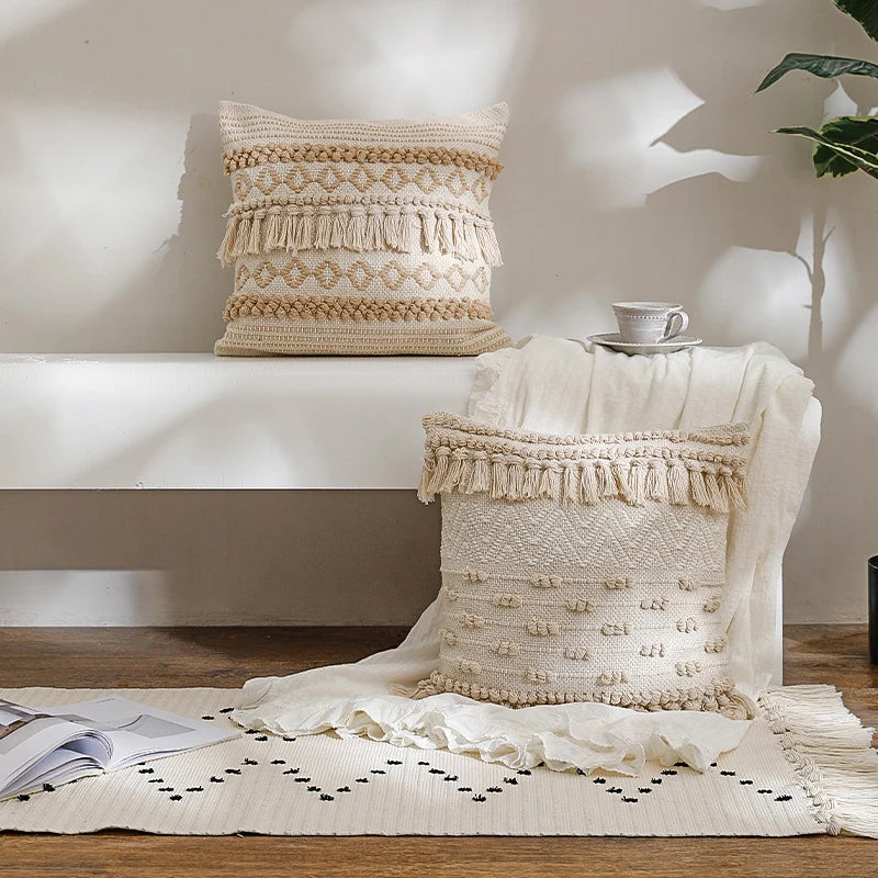 Pillow Cover Boho Woven Cotton Blend Hand-Knotted Fringe