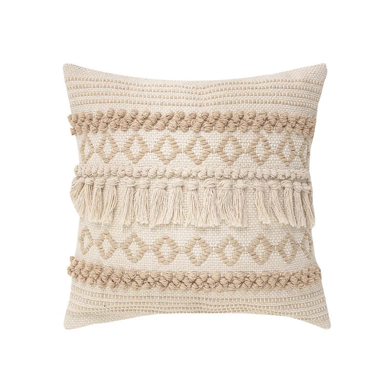 Pillow Cover Boho Woven Cotton Blend Hand-Knotted Fringe