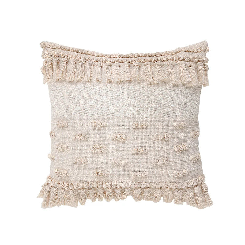 Pillow Cover Boho Woven Cotton Blend Hand-Knotted Fringe