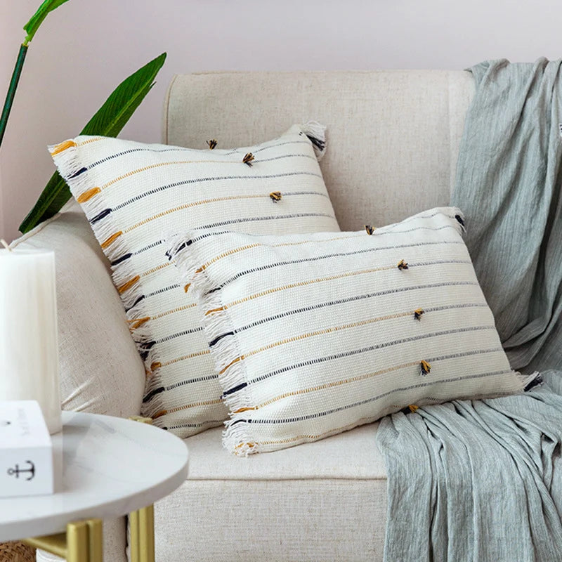 Pillow Cover Cotton Blend Striped Tufted & Fringed