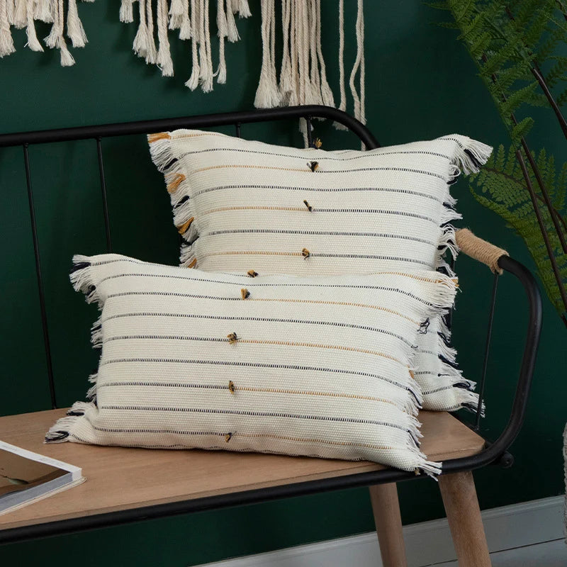 Pillow Cover Cotton Blend Striped Tufted & Fringed