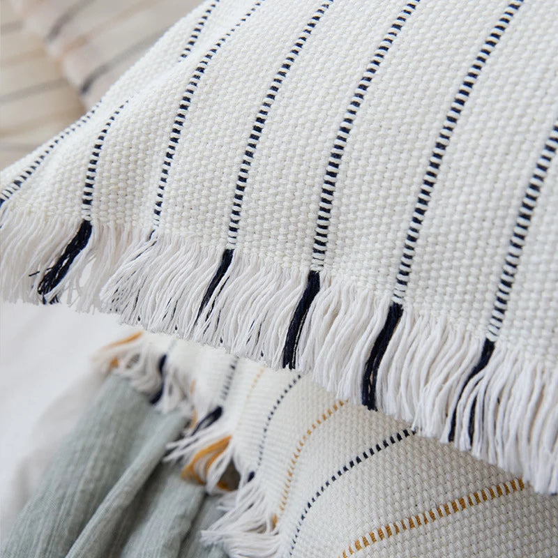 Pillow Cover Cotton Blend Striped Tufted & Fringed