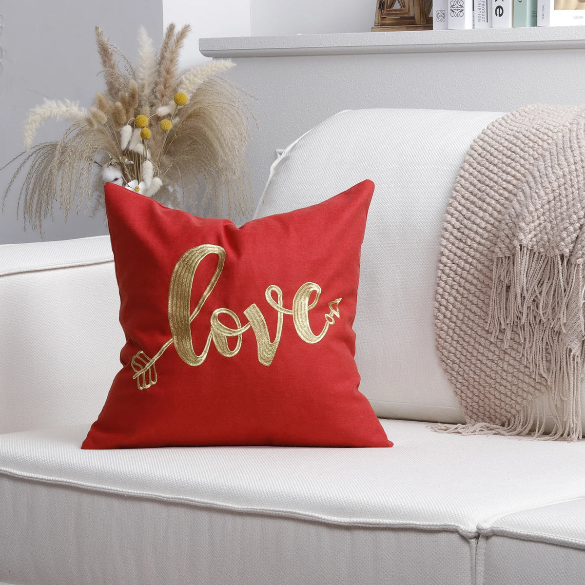 Pillow Cover Cotton-Linen Fuzzy Heart Applique & Tassel Corners