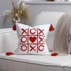 Pillow Cover Cotton-Linen Fuzzy Heart Applique & Tassel Corners