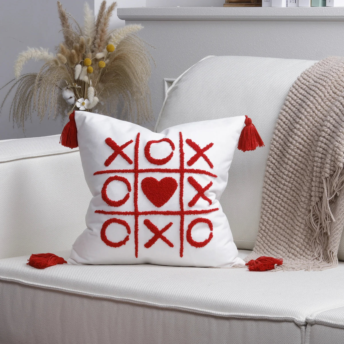 Pillow Cover Cotton-Linen Fuzzy Heart Applique & Tassel Corners
