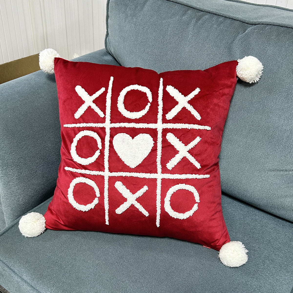 Pillow Cover Cotton-Linen Fuzzy Heart Applique & Tassel Corners