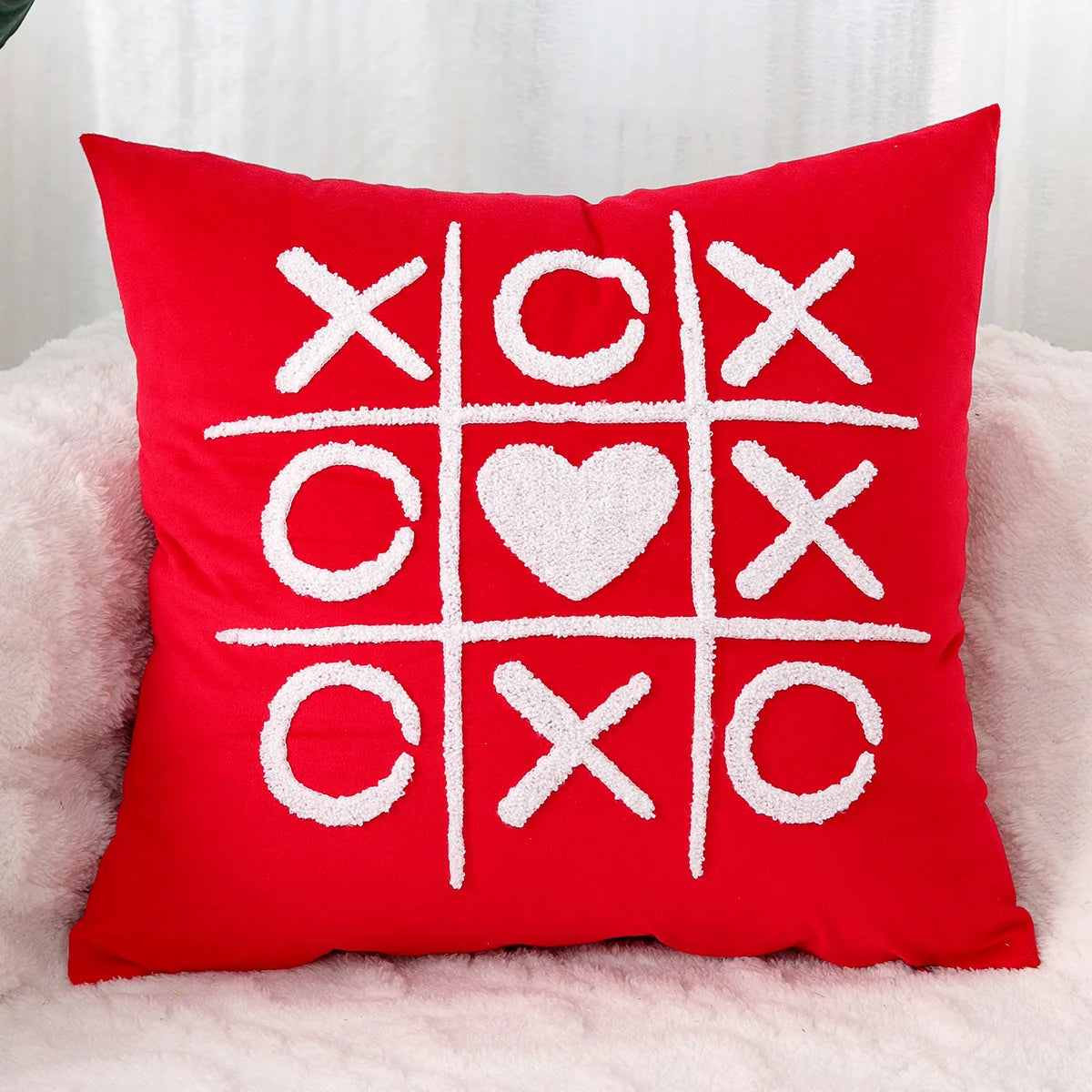 Pillow Cover Cotton-Linen Fuzzy Heart Applique & Tassel Corners