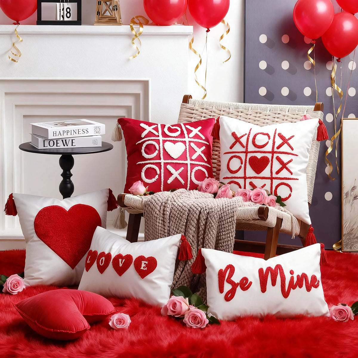 Pillow Cover Cotton-Linen Fuzzy Heart Applique & Tassel Corners