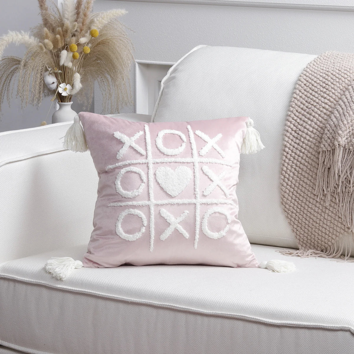 Pillow Cover Cotton-Linen Fuzzy Heart Applique & Tassel Corners