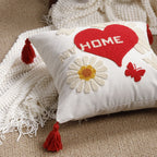 Pillow Cover Cotton-Linen Fuzzy Heart Applique & Tassel Corners