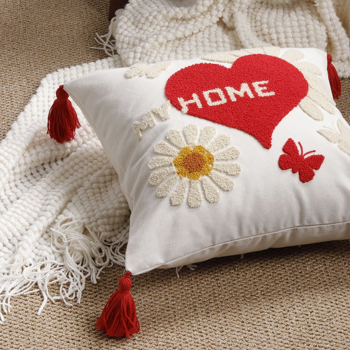 Pillow Cover Cotton-Linen Fuzzy Heart Applique & Tassel Corners