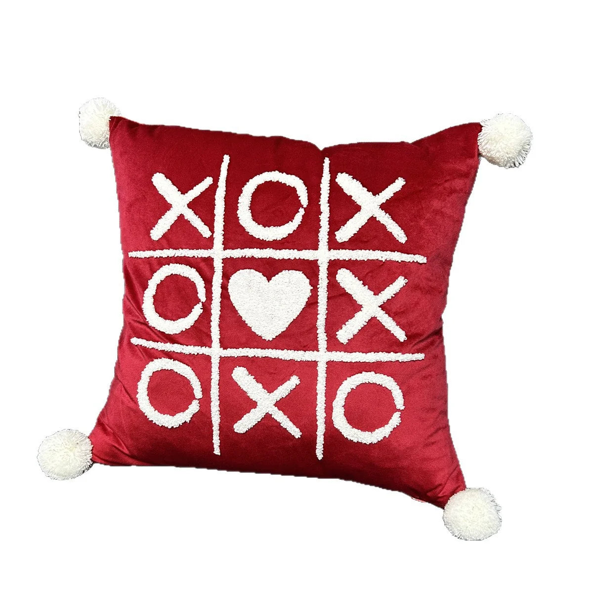 Pillow Cover Cotton-Linen Fuzzy Heart Applique & Tassel Corners