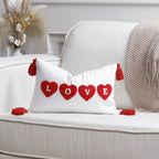 Pillow Cover Cotton-Linen Fuzzy Heart Applique & Tassel Corners