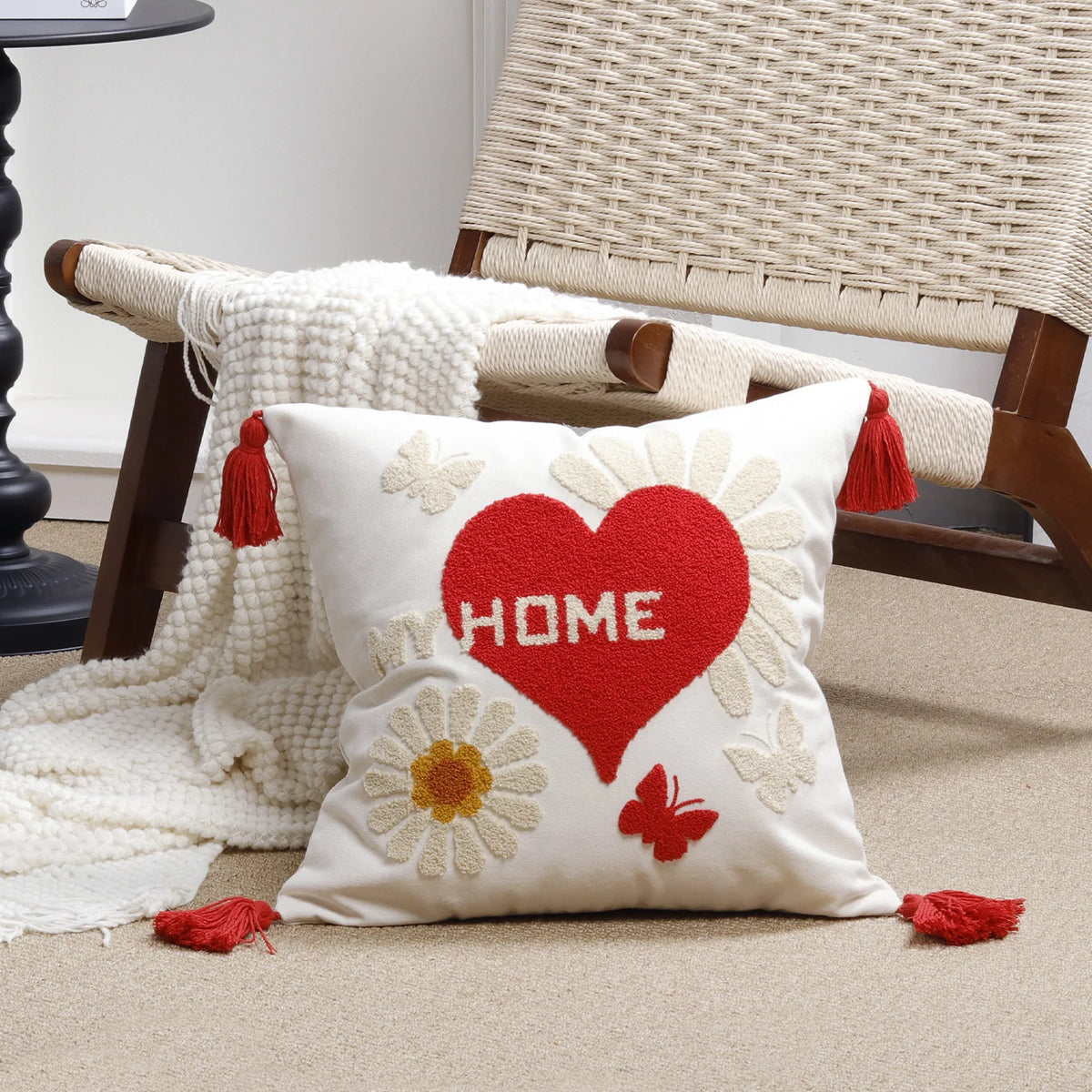 Pillow Cover Cotton-Linen Fuzzy Heart Applique & Tassel Corners