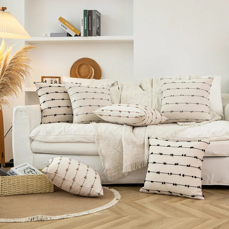 Pillow Cover Cotton-Look Vertical Tufted & Knotted Trim