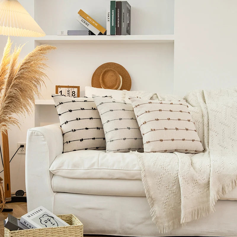 Pillow Cover Cotton-Look Vertical Tufted & Knotted Trim