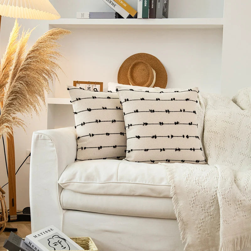 Pillow Cover Cotton-Look Vertical Tufted & Knotted Trim
