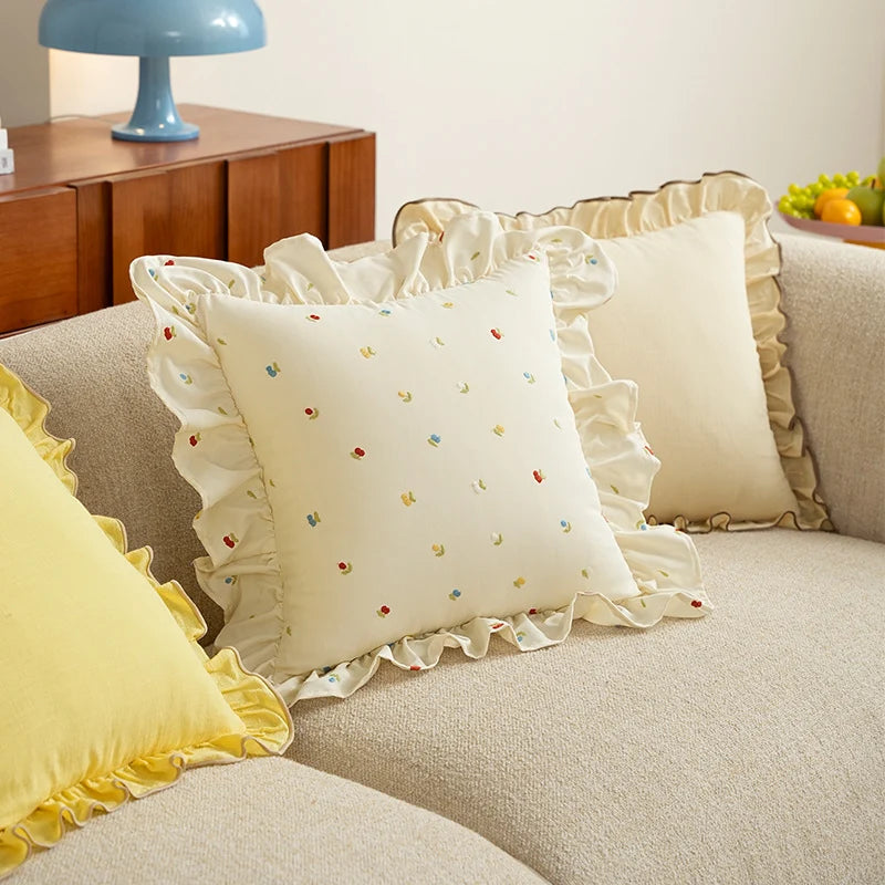 Pillow Cover Embroidered Cotton-Blend Ruffle Edge