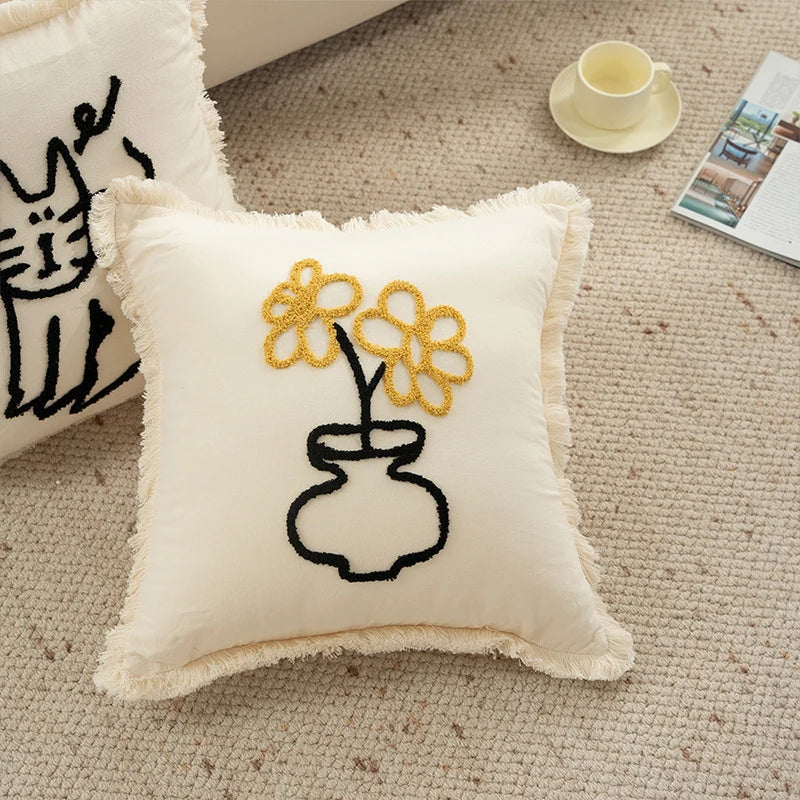 Pillow Cover Embroidered Fringed Concealed Zipper