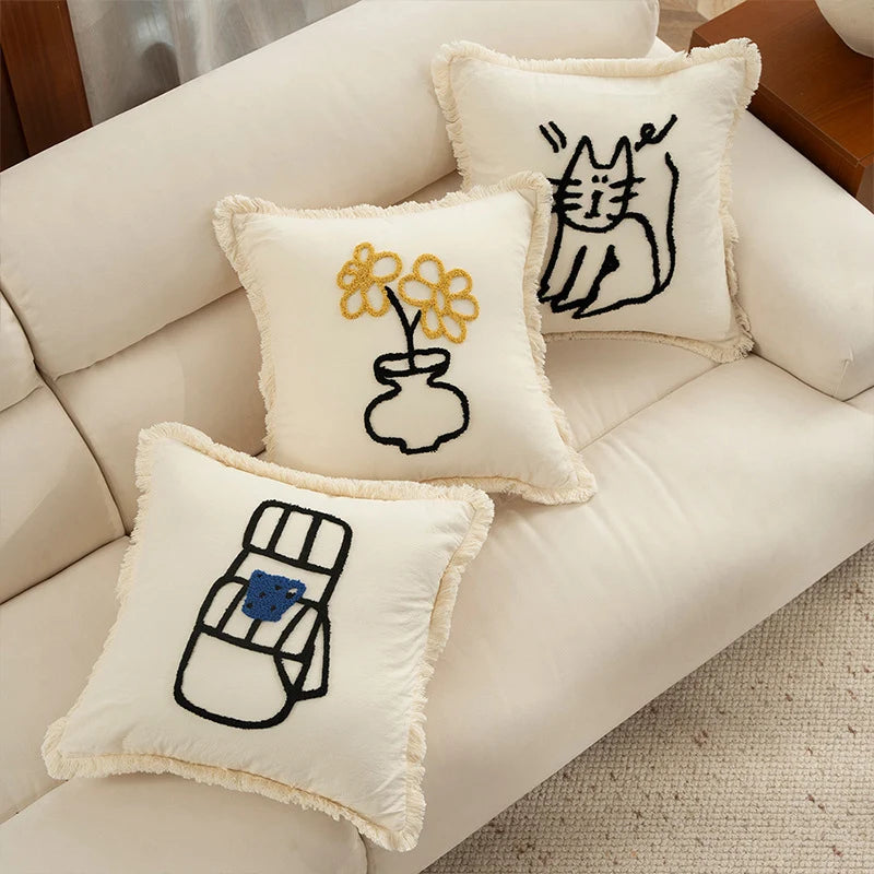 Pillow Cover Embroidered Fringed Concealed Zipper
