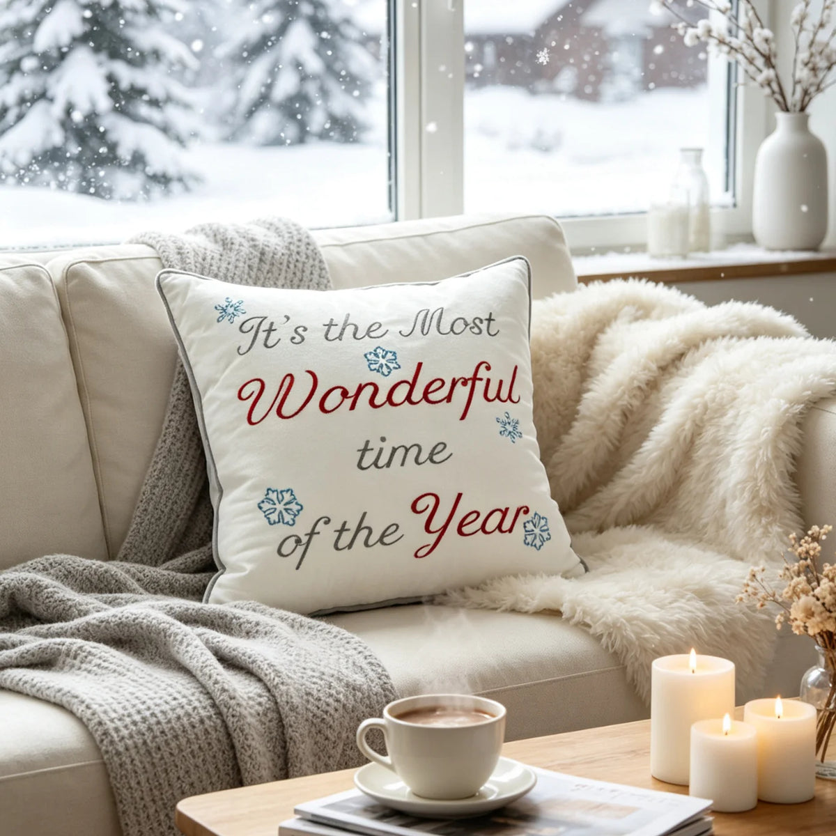 Pillow Cover Embroidered Script Piped Edge & Hidden Zipper