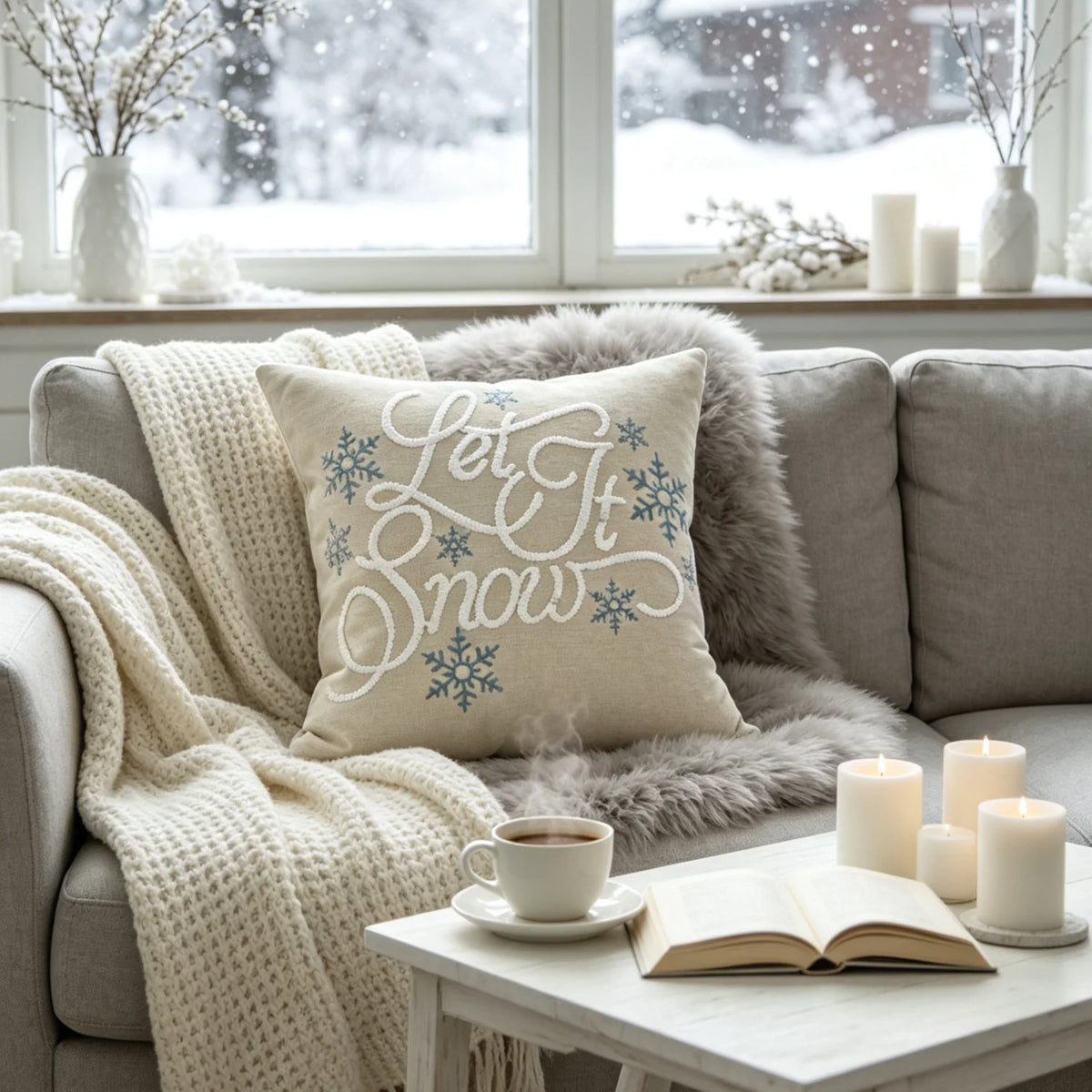 Pillow Cover Embroidered Script Piped Edge & Hidden Zipper