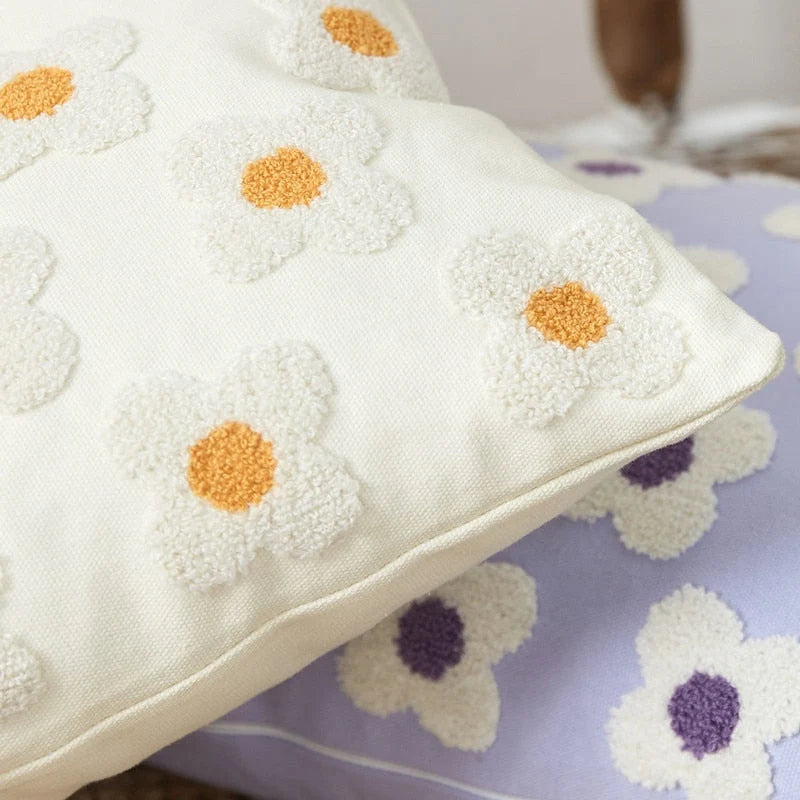 Pillow Cover Hand-Embroidered Daisy 100% Cotton Invisible Zipper