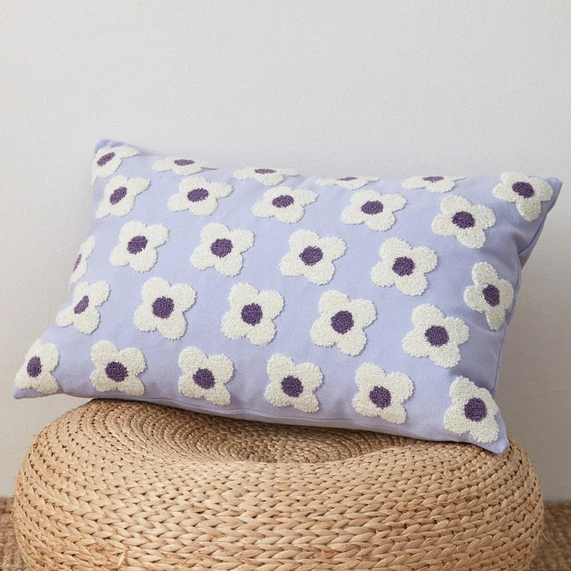 Pillow Cover Hand-Embroidered Daisy 100% Cotton Invisible Zipper