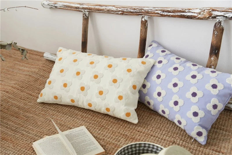 Pillow Cover Hand-Embroidered Daisy 100% Cotton Invisible Zipper