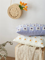 Pillow Cover Hand-Embroidered Daisy 100% Cotton Invisible Zipper